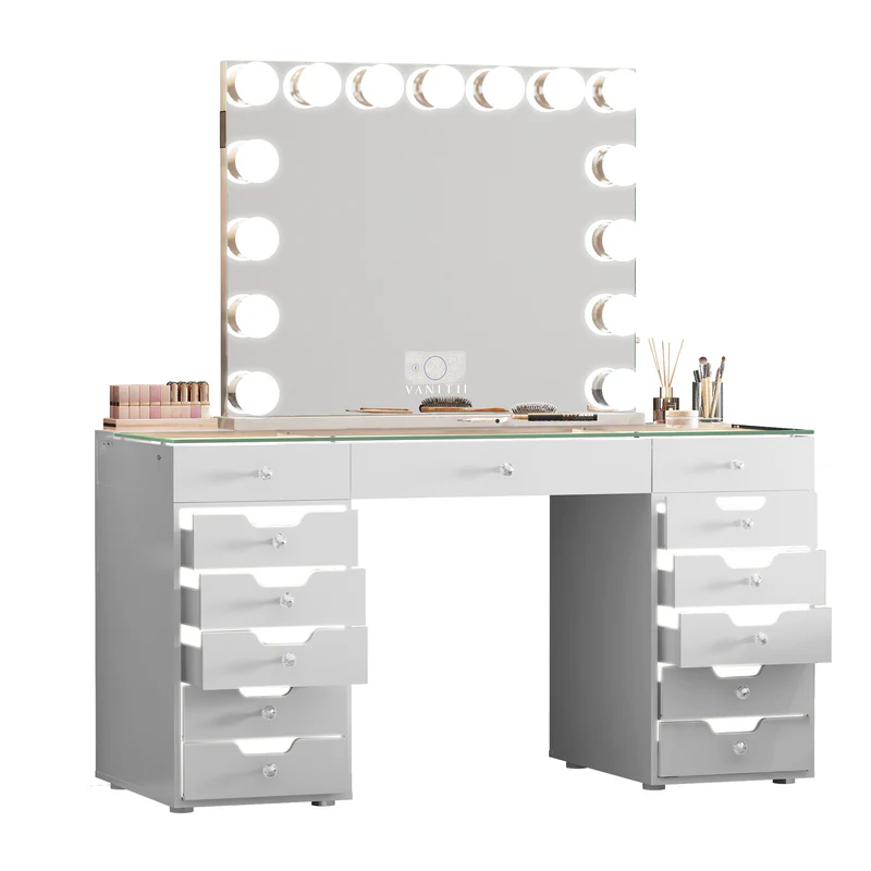 VANITII Eva Vanity Desk - 13 Storage Drawers with Full Light