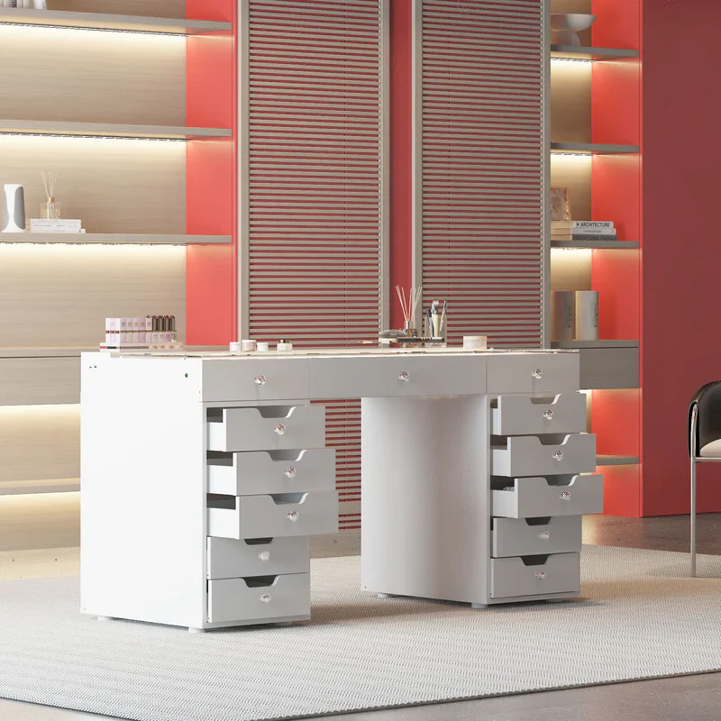 VANITII Eva Vanity Desk - 13 Storage Drawers with Full Light