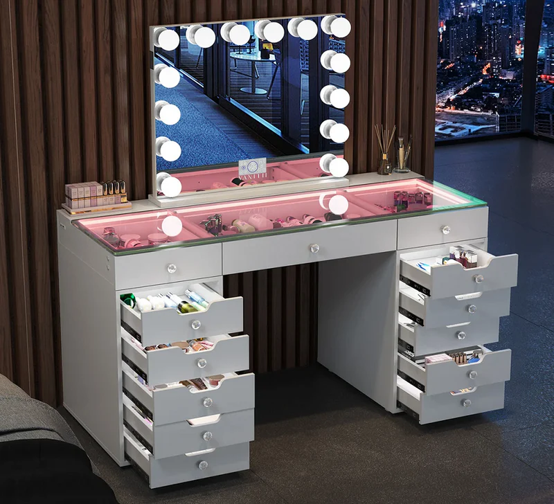 VANITII Eva Vanity Desk - 13 Storage Drawers with Full Light