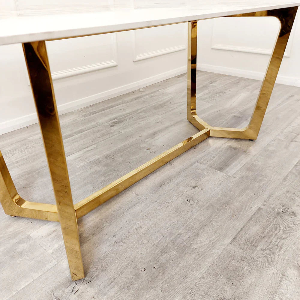 Lucien 180cm Gold Dining Table With Kensington CreamGold Velvet Dining Chairs